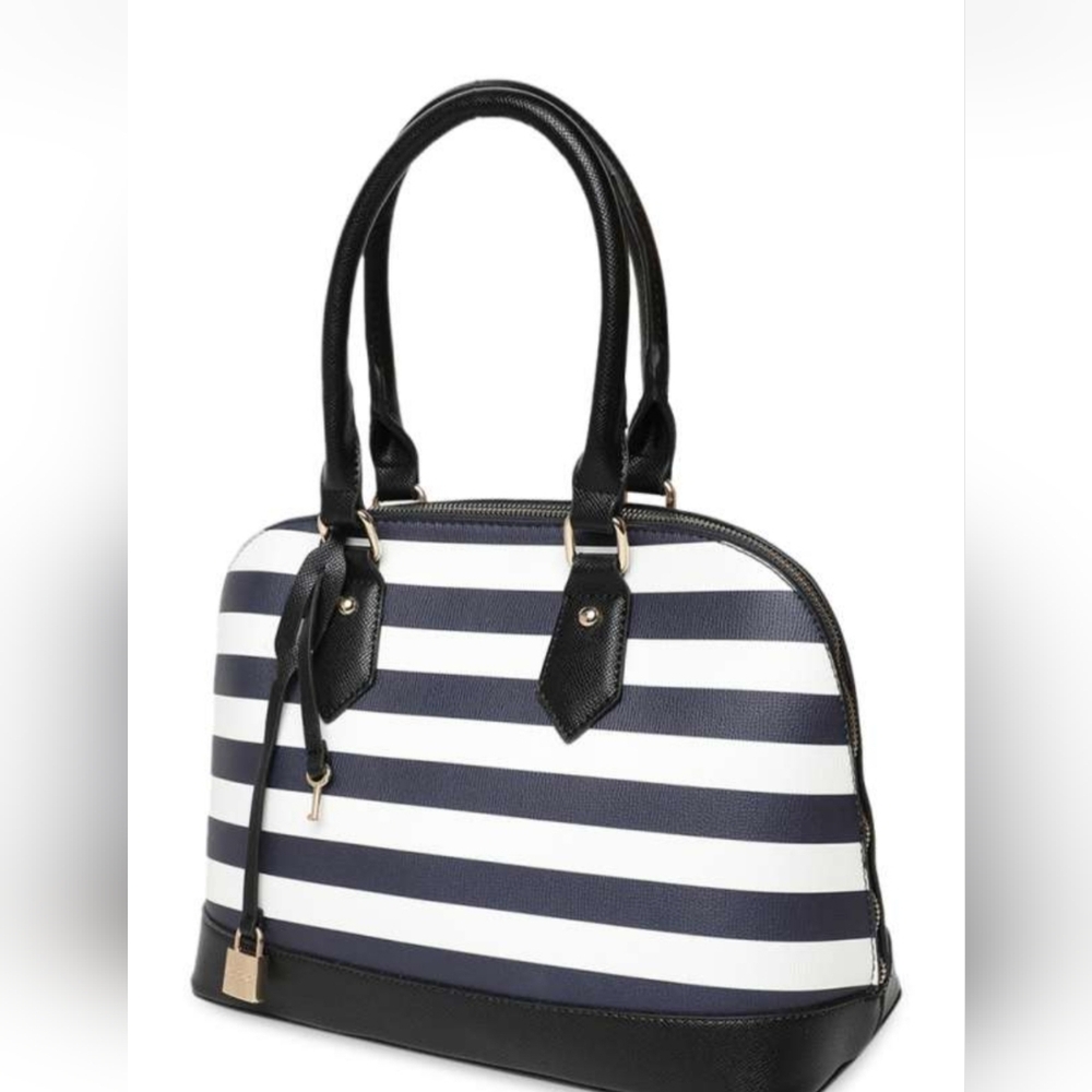 Aldo Navy and White Striped Satchel with Lock & Key - Picture 12 of 13